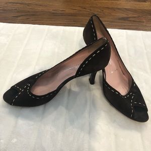 Amalfi brown suede peep toe heels